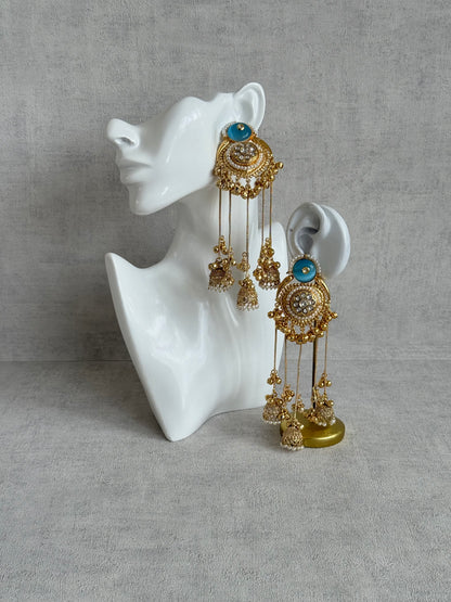 Ayura Designs Shagan Earrings – Aqua Blue Statement Earrings with Multi Jhumki Drops, Pearl Detailing & Ghungroo Accents