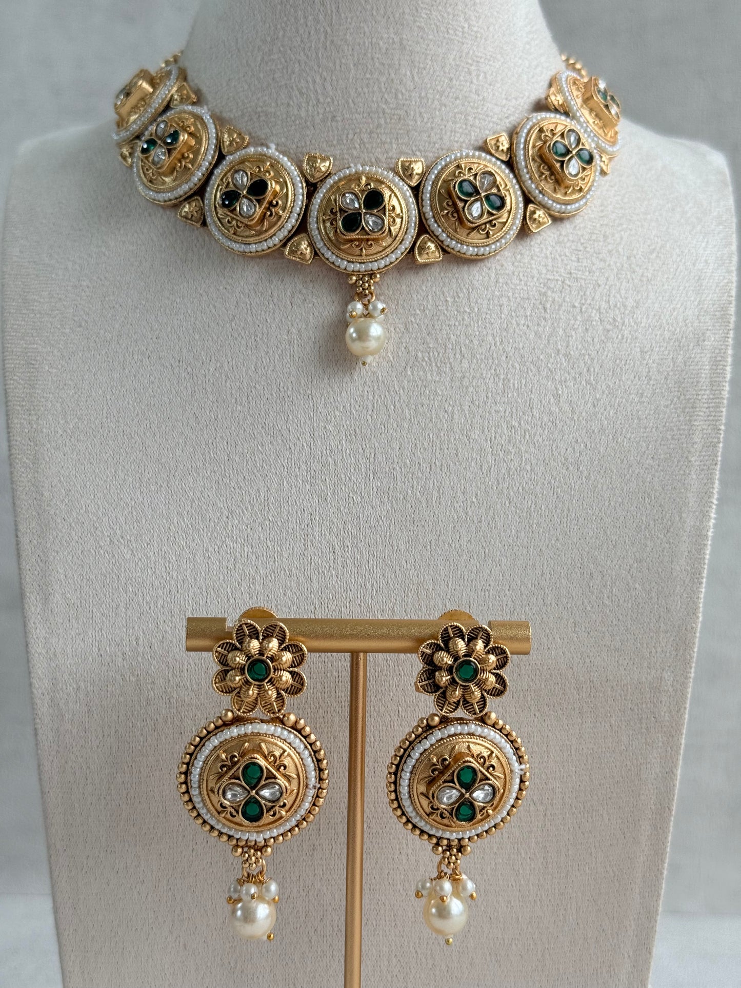 Ayura Designs Kaya Necklace Set with Earrings – Emerald Green Kundan Stones, Pearls & Antique Gold Finish