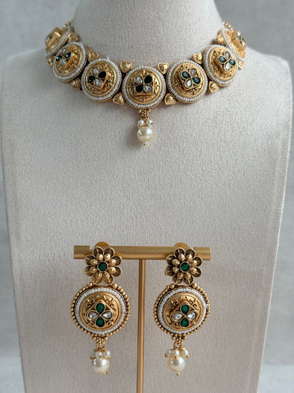 Ayura Designs Kaya Necklace Set with Earrings – Emerald Green Kundan Stones, Pearls & Antique Gold Finish