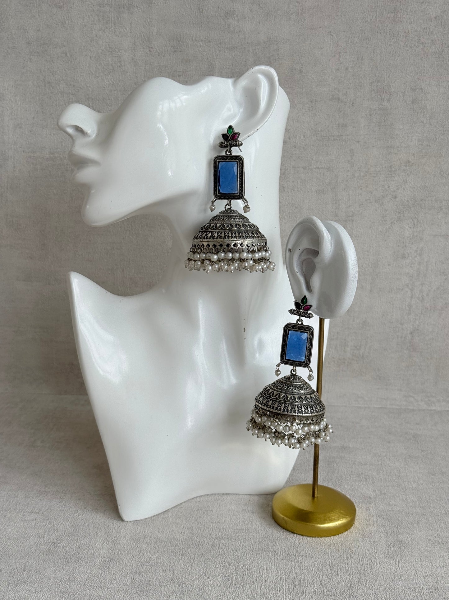 Ayura Designs Zeba Earrings – Oxidised Statement Jhumkis in Ink Blue & Multicolour Stones with Pearl Detailing