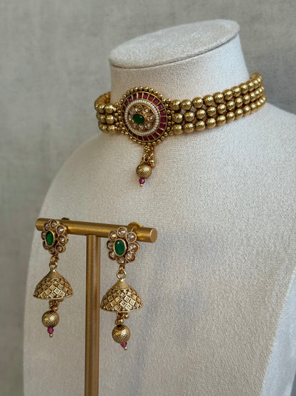 Ayura Designs Kavish Choker Set – Antique Gold Choker with Jhumkis in Rani Pink & Emerald Green with Pearl Detailing