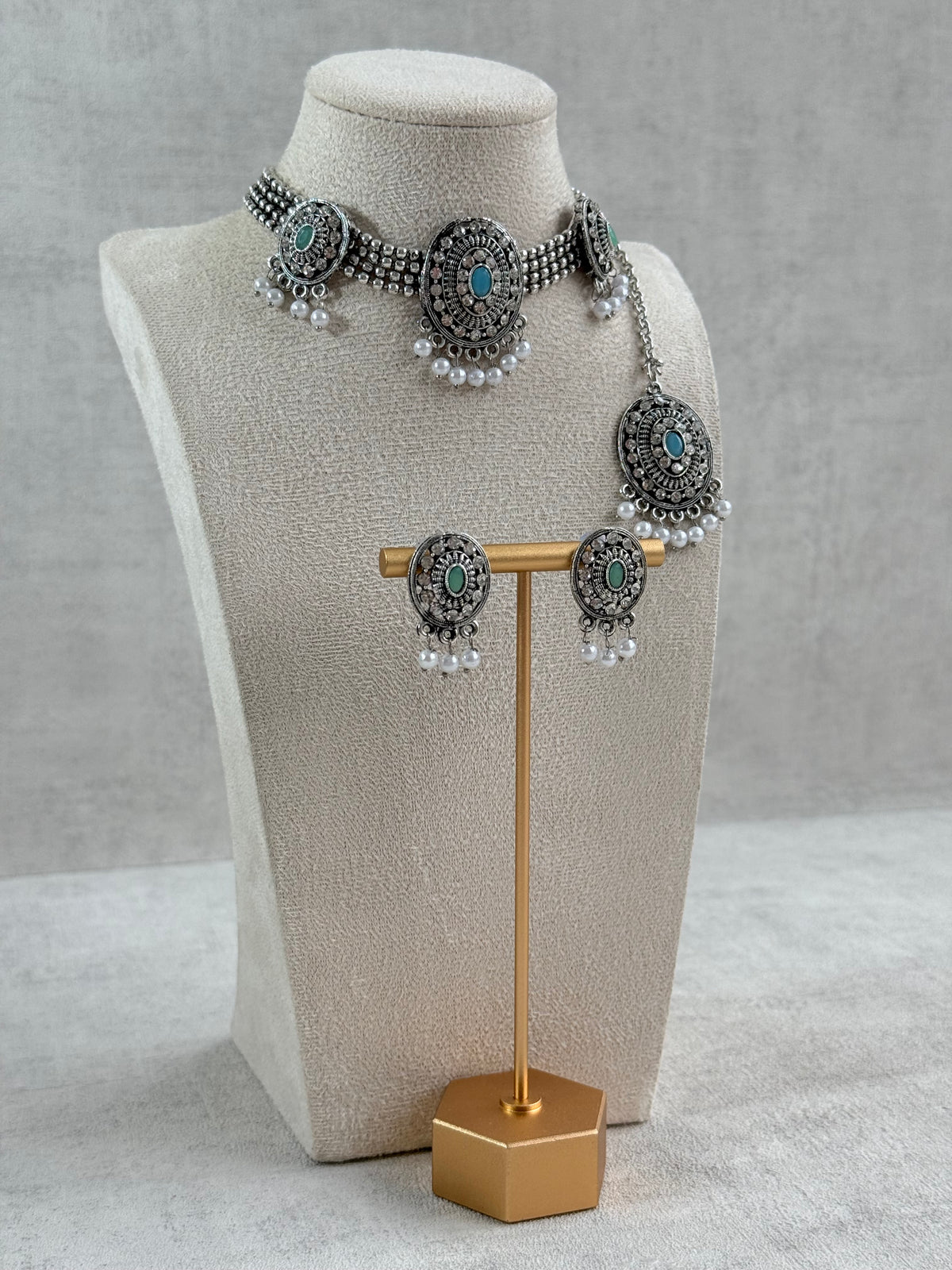 Ayura Designs Gauri Choker Necklace Set with Earrings & Tikka – Mint Green, Turquoise Blue & Crystal Stones with Oxidised Silver Finish