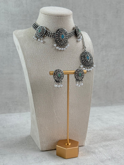 Ayura Designs Gauri Choker Necklace Set with Earrings & Tikka – Mint Green, Turquoise Blue & Crystal Stones with Oxidised Silver Finish