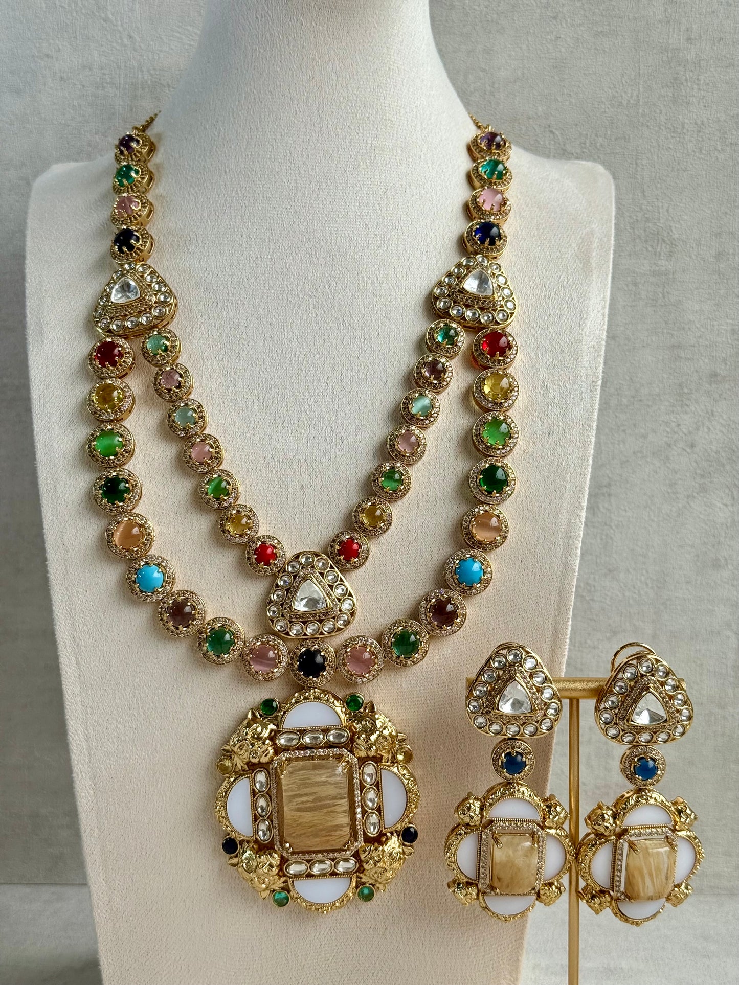 Ayura Designs Daphne Necklace Set with Statement Earrings – Gold Finish with Moissanite-Style Stones & Multicolour Accents