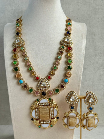Ayura Designs Daphne Necklace Set with Statement Earrings – Gold Finish with Moissanite-Style Stones & Multicolour Accents