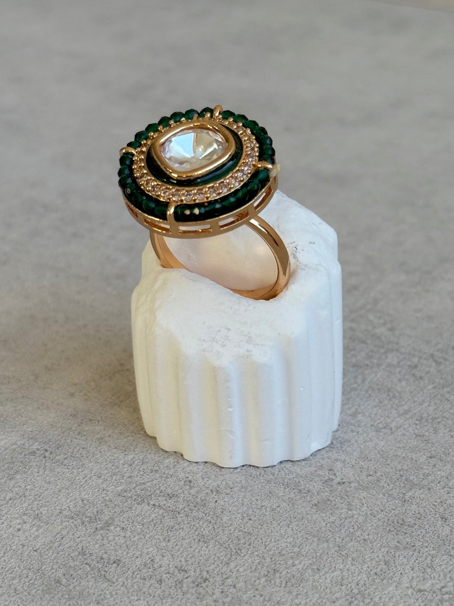 Ayura Designs Roselle Adjustable Ring – Moissanite Centre with Crystal Border & Emerald Green Beads