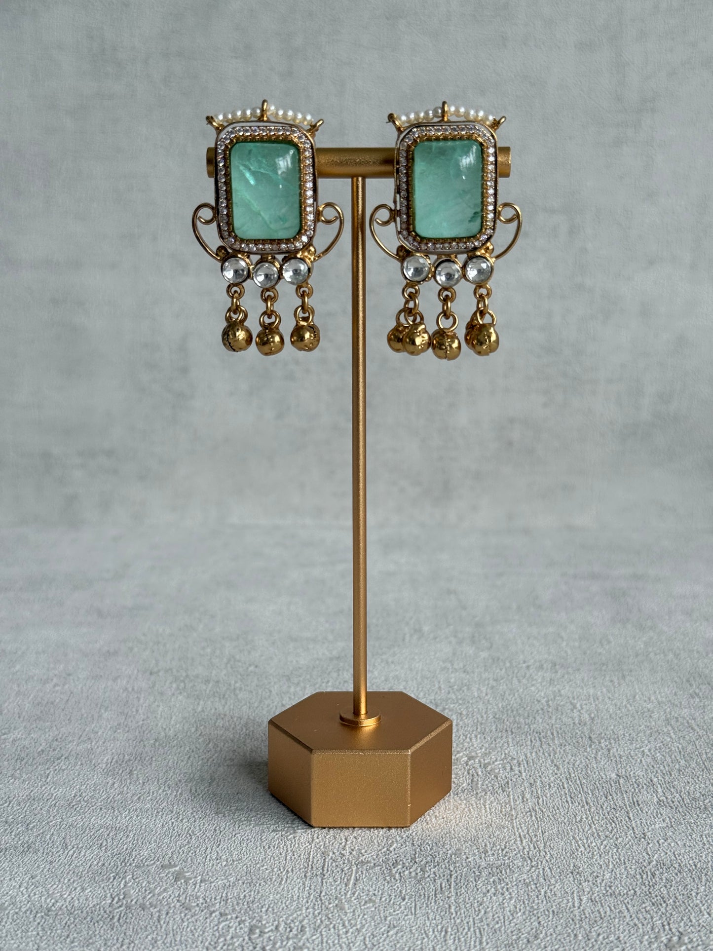 Ayura Designs Aleena Earrings – Aqua Jade Stone Stud Earrings with Pearls & Ghungroo Detailing