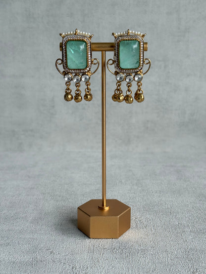 Ayura Designs Aleena Earrings – Aqua Jade Stone Stud Earrings with Pearls & Ghungroo Detailing