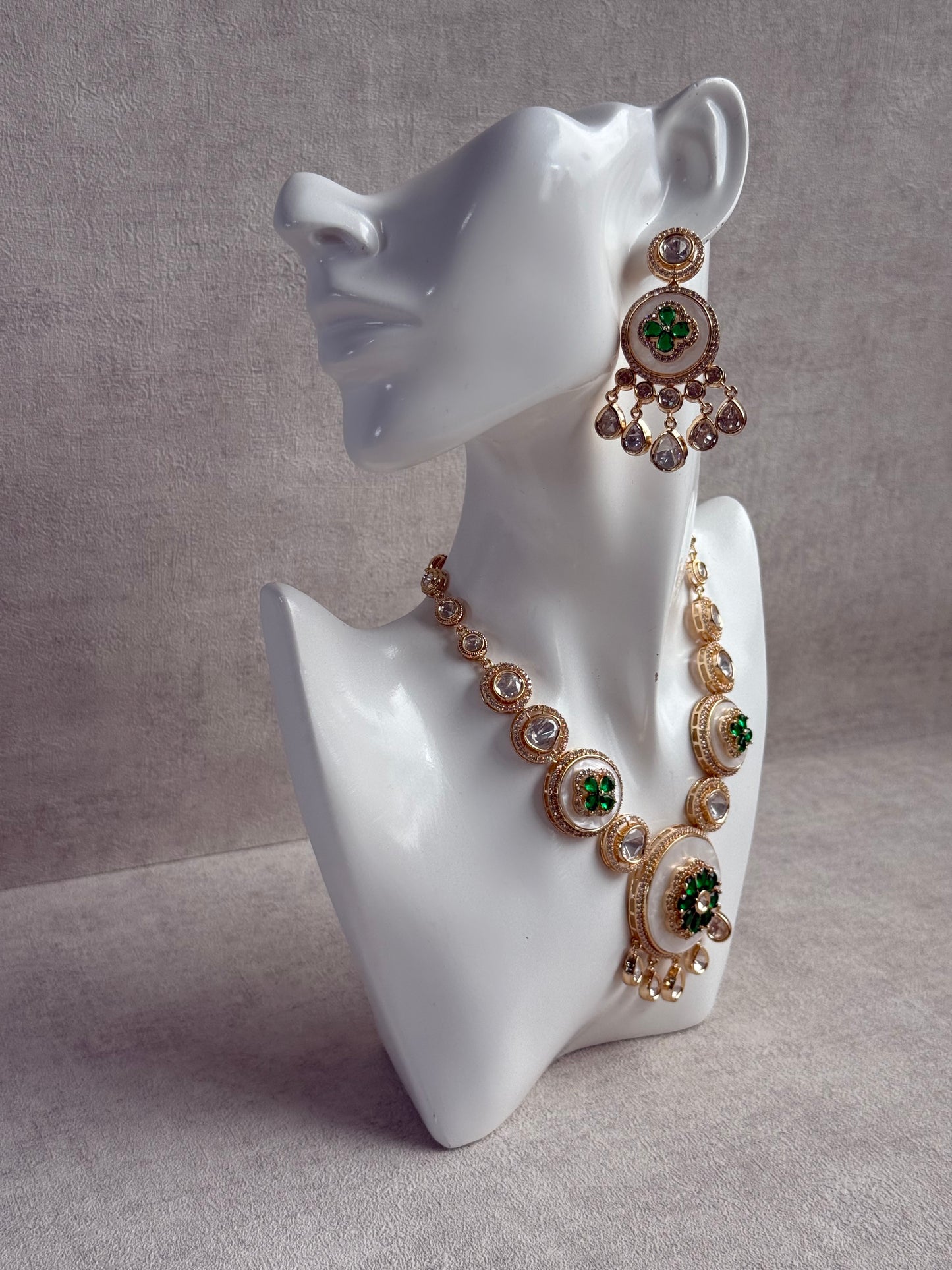Ayura Designs Wisah Set with Necklace & Earrings – Emerald Green Floral Motifs with Mother of Pearl, Mirror-Cut Stones & Crystal Detailing