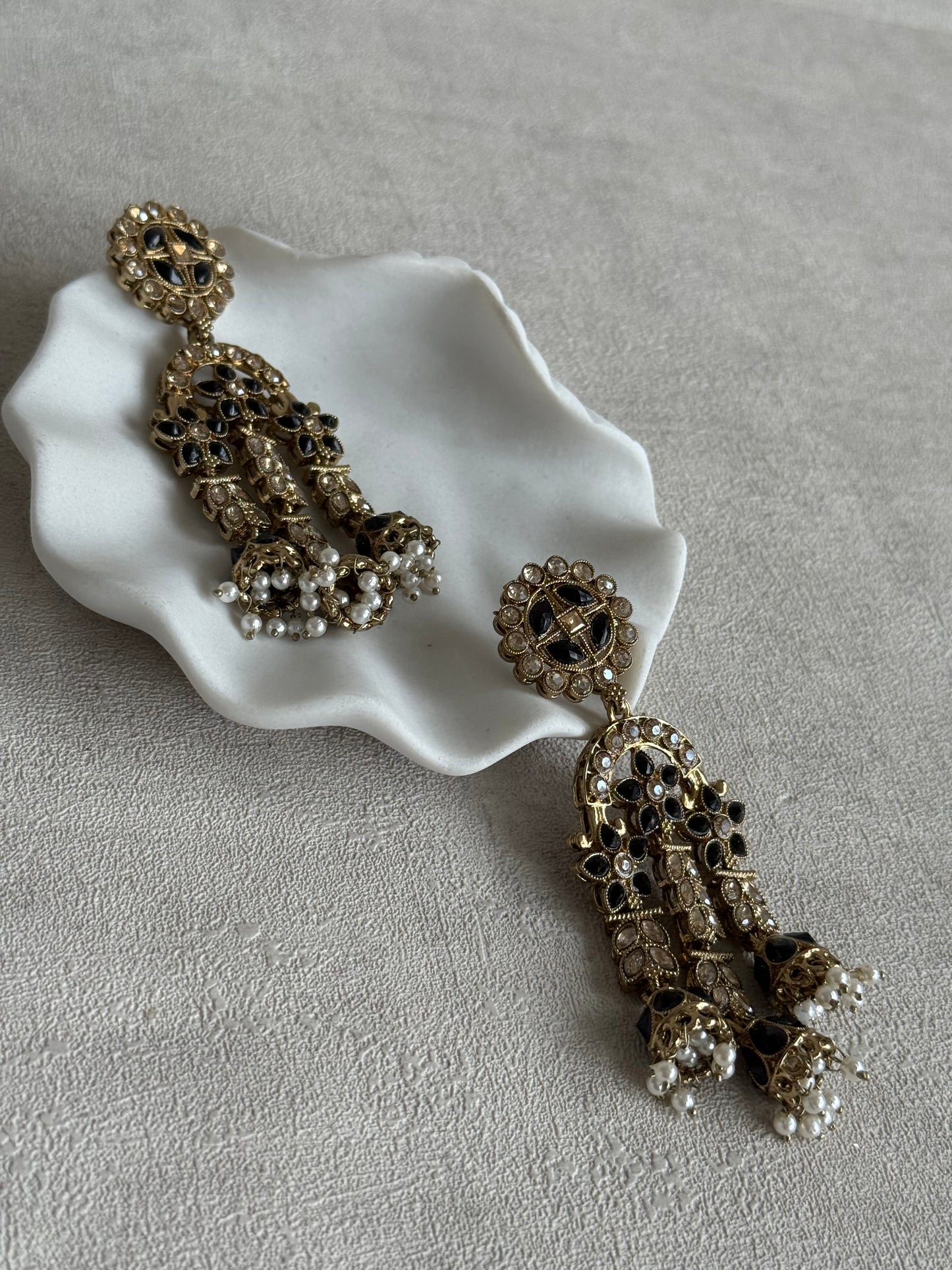 Ayura Designs Soraya Earrings – Black Stones, Champagne Crystals, Pearl Detailing & Gold Finish
