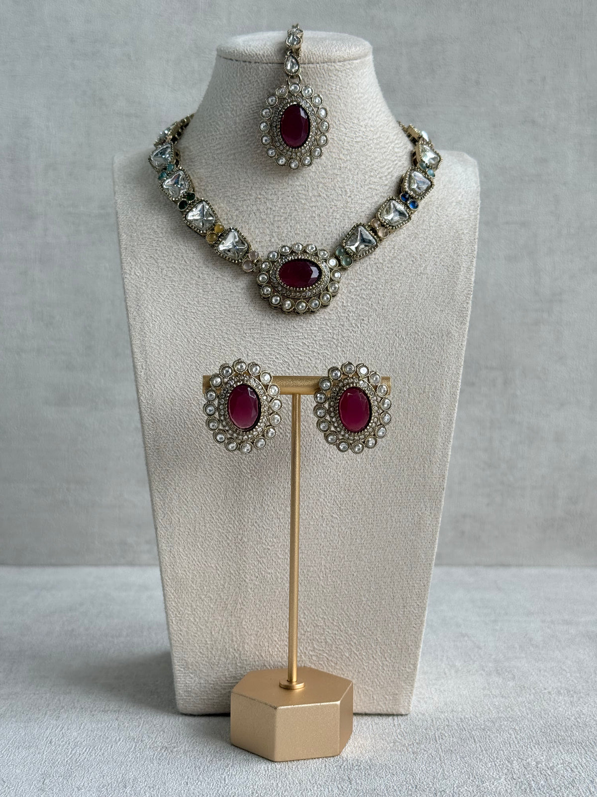Ayura Designs Inza Necklace Set – Rani Pink, Multicolour Stones, Kundan & Crystals with Antique Gold Finish