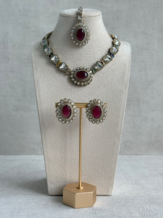 Ayura Designs Inza Necklace Set – Rani Pink, Multicolour Stones, Kundan & Crystals with Antique Gold Finish