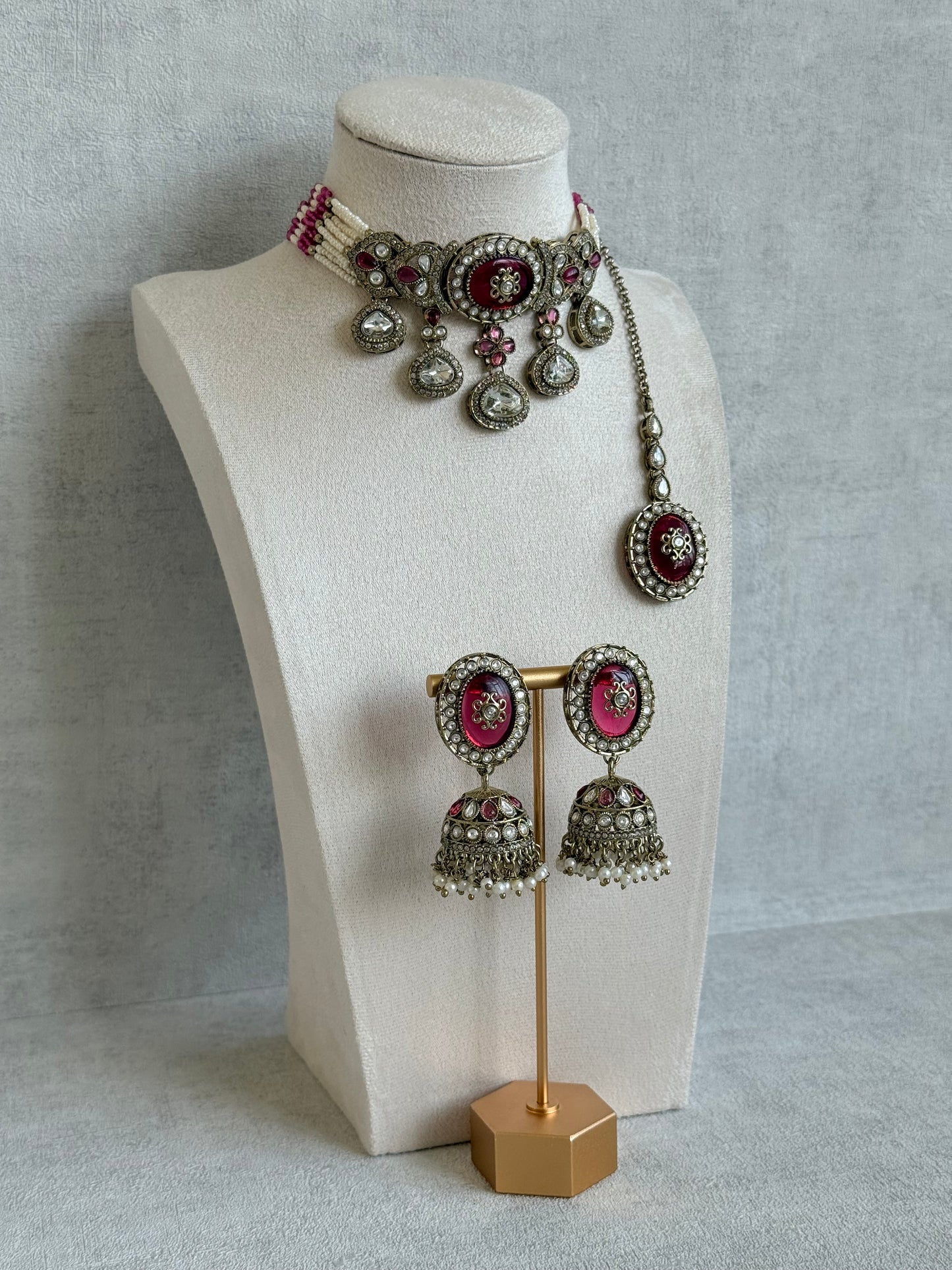 Ayura Designs Myra Choker Set with Earrings & Tikka – Ruby Pink Kundan & Pearl Detailing