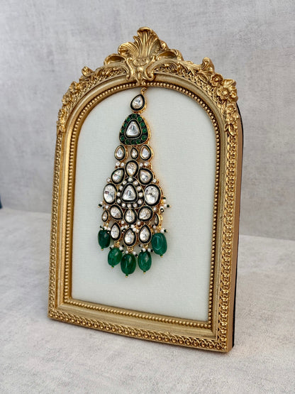 Ayura Designs Salma Jhoomar Passa – Emerald Green Drops with Kundan Stones & Antique Gold Finish