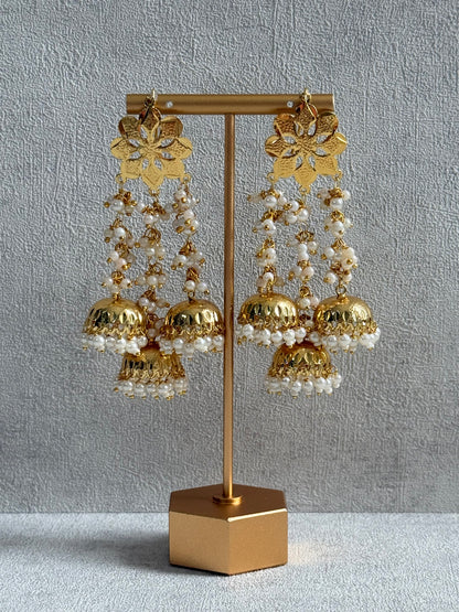 Ayura Designs Sassi Earrings – Pippal Patti Triple Jhumki Earrings with Pearl Cluster Detailing