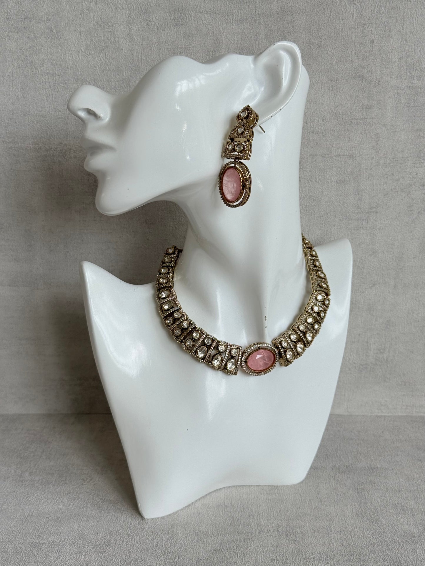 Ayura Designs Sadie Necklace Set with Earrings – Blush Pink Centre Stone, Moissanite Style Stones & Crystal Halo Detailing