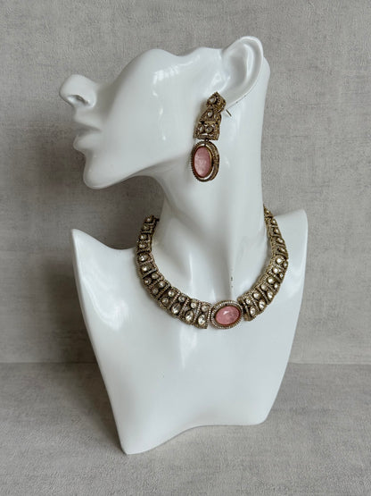 Ayura Designs Sadie Necklace Set with Earrings – Blush Pink Centre Stone, Moissanite Style Stones & Crystal Halo Detailing