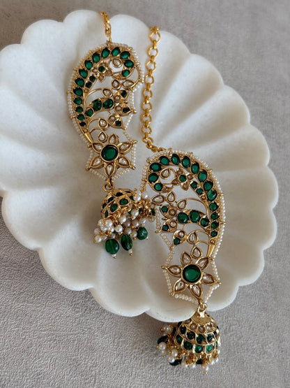 Ayura Designs Urisha Ear Climber Jhumkis – Emerald Green, Kundan & Pearl Detailing