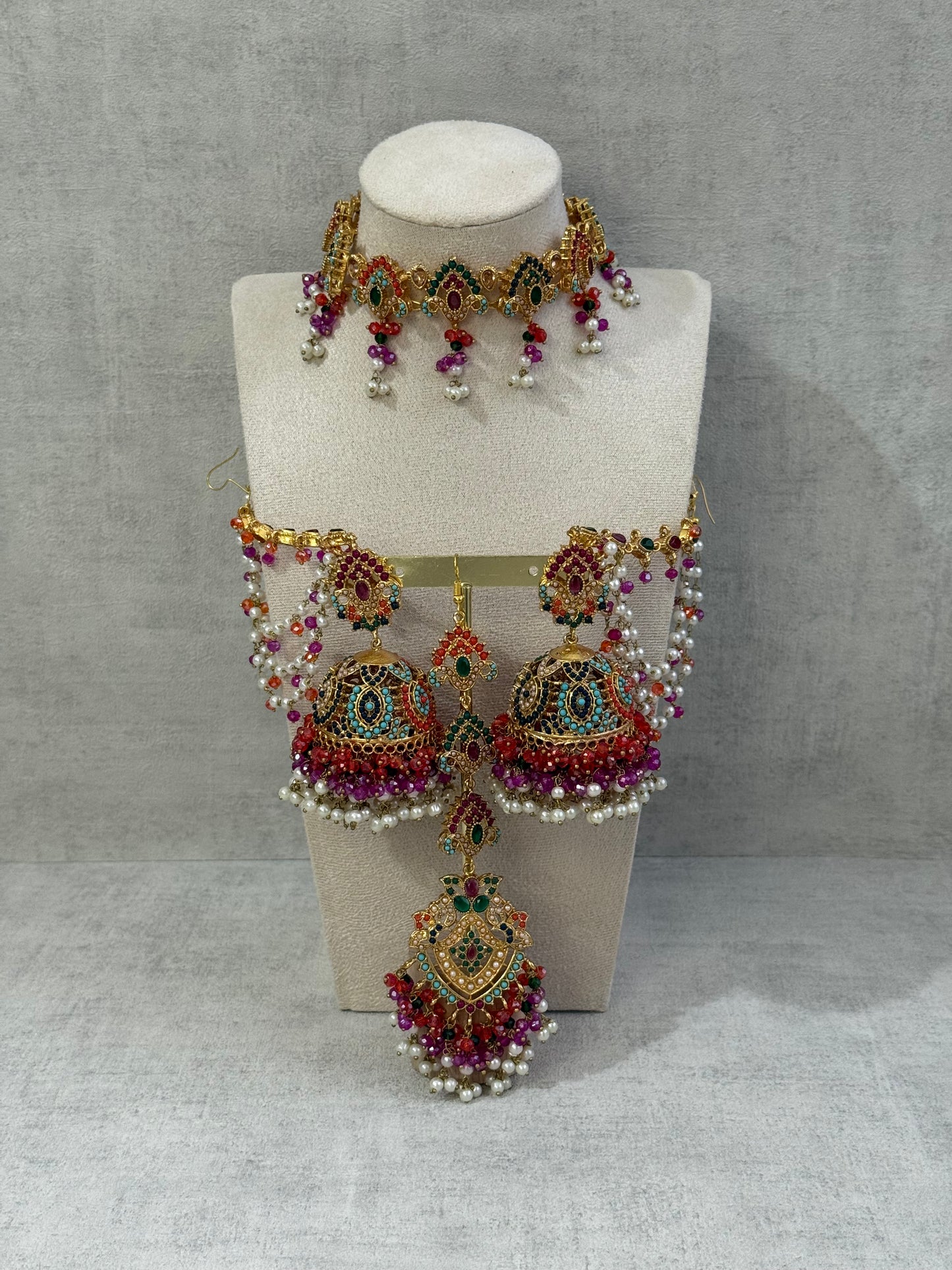 Ayura Designs Noor Set – Choker, Jhumkis with Sahare & Tikka in Multicolour with Pearl Detailing