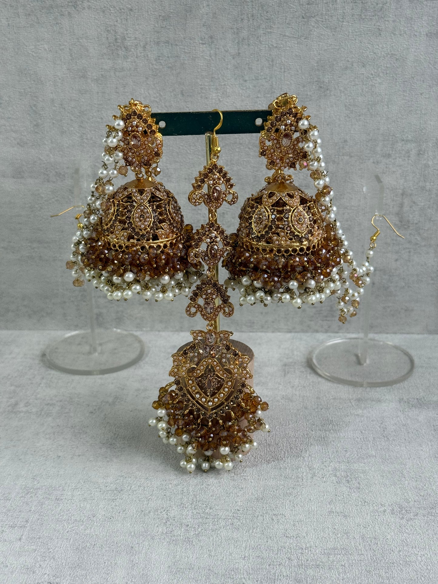 Ayura Designs Noor Set – Choker, Jhumkis with Sahare & Tikka in Champagne Gold with Pearl Detailing