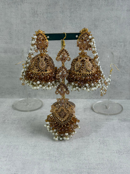 Ayura Designs Noor Set – Choker, Jhumkis with Sahare & Tikka in Champagne Gold with Pearl Detailing