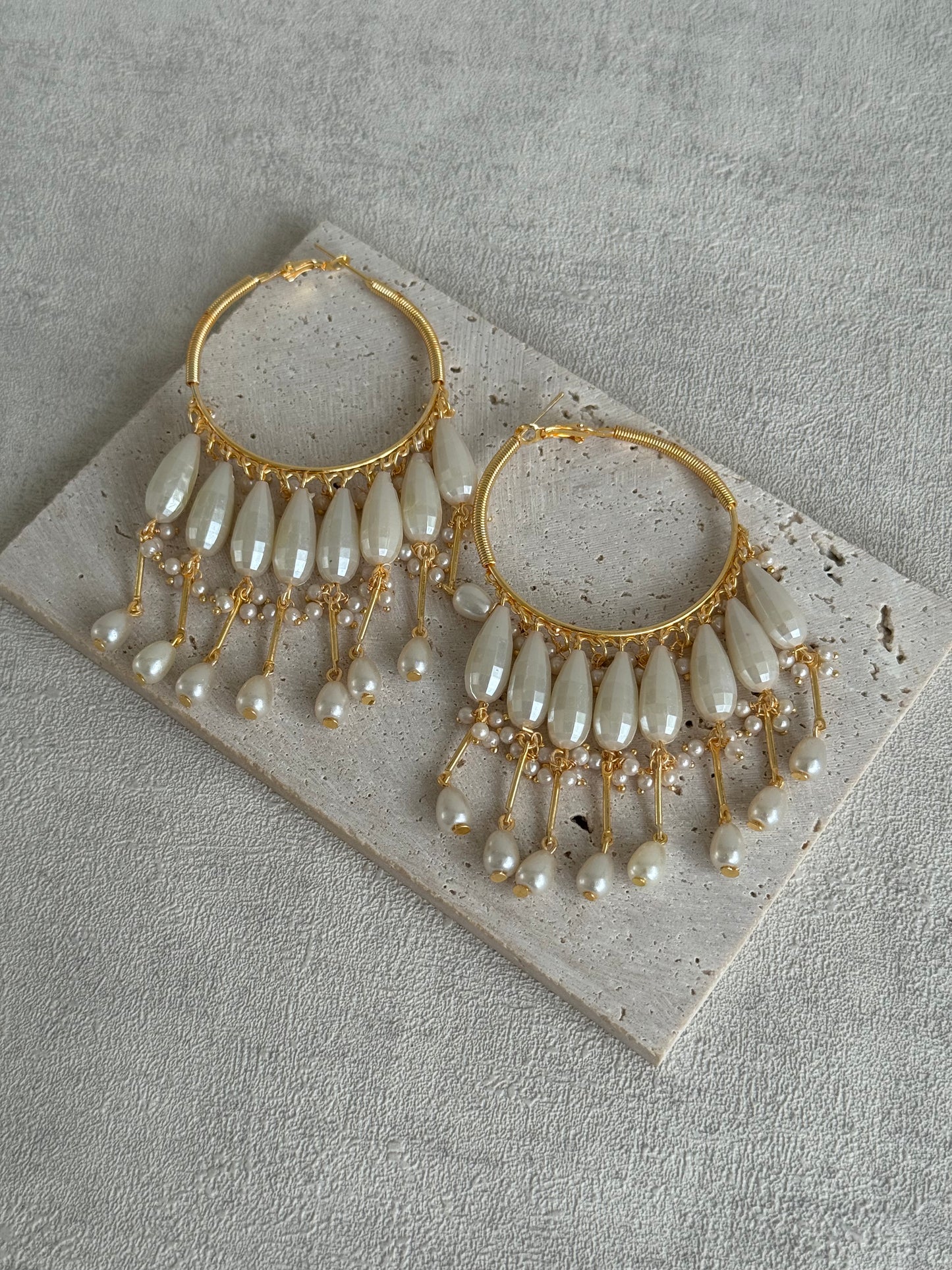 Ayura Designs Emery Balis – Gold Hoop Earrings with Faceted Pearl Drops & Fringe Detailing