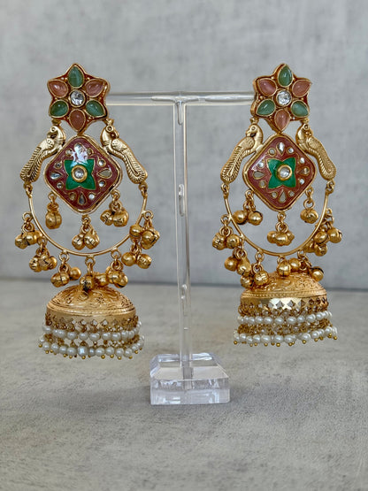 Ayura Designs Farida Earrings – Brass Jhumka Earrings with Pastel Green & Blush Pink Enamel, Bird Motifs and Pearl Dangling Drops