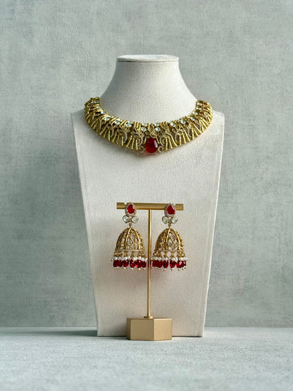 Ayura Designs Rami Collar Set with Jhumkis – Sculpted Gold Collar with Ruby Red Stone and Crystal Detailing