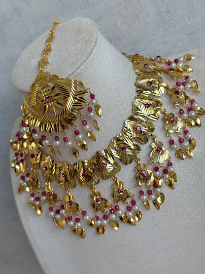 Ayura Designs Baisakhi Set with Earrings & Tikka – Gold Pipal Patti Design with Ruby Pink Beads & Pearl Detailing