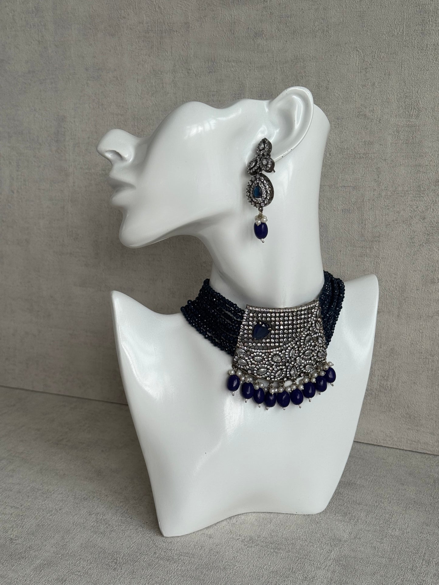 Ayura Designs Summer Choker Set with Earrings – Midnight Blue Beads & Oxidised Silver Finish