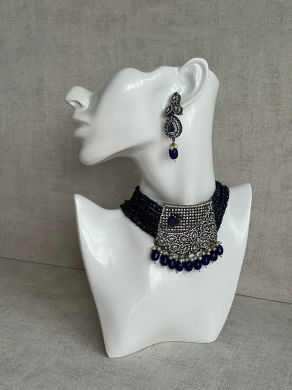 Ayura Designs Summer Choker Set with Earrings – Midnight Blue Beads & Oxidised Silver Finish