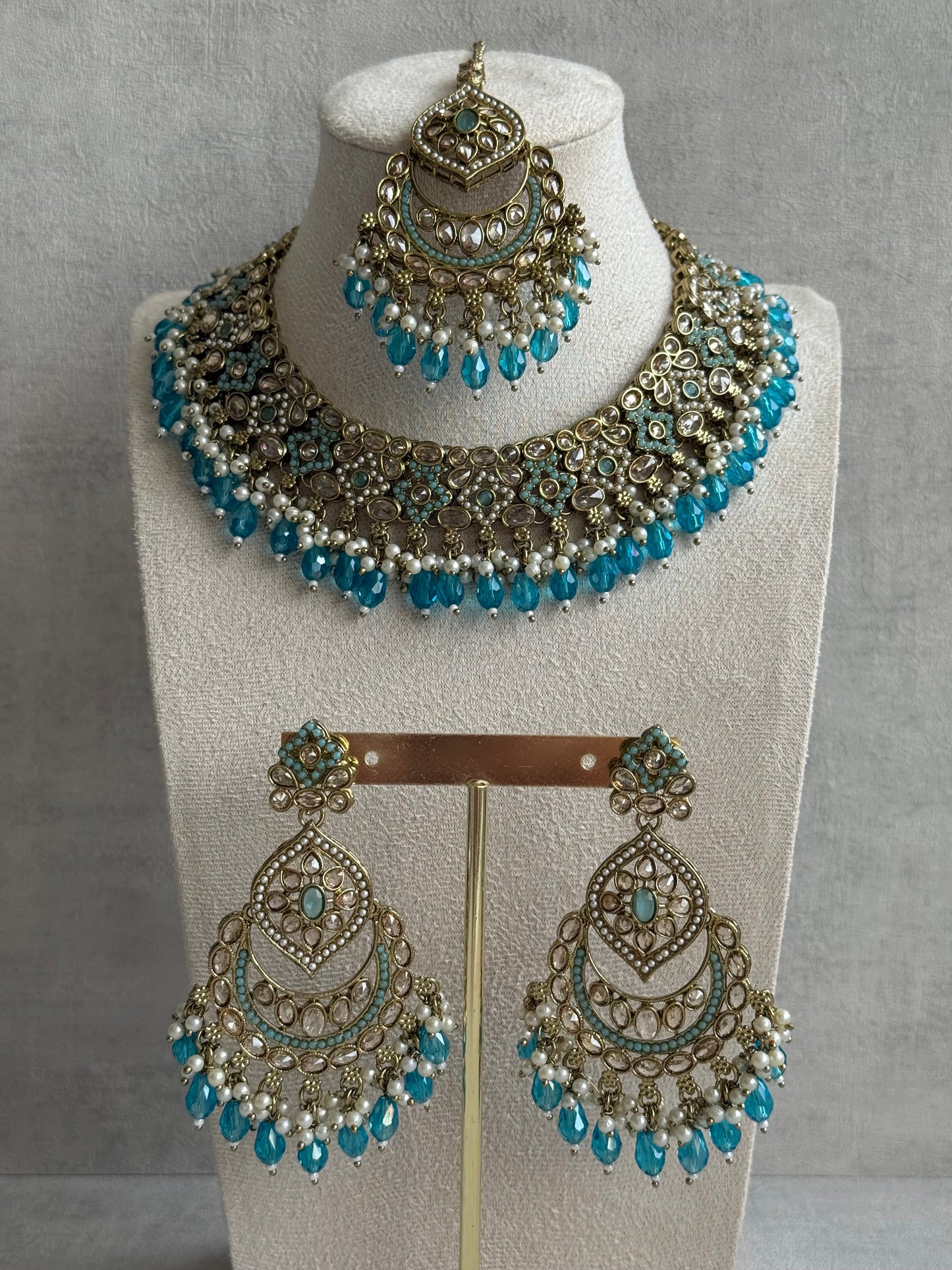 Ayura Designs Azka Set – Necklace, Earrings & Tikka with Turquoise Blue Beads, Ivory Pearls & Champagne Gold Finish