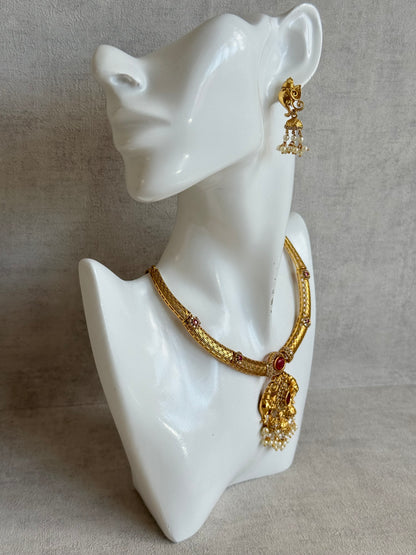 Ayura Designs Wadha Collar Necklace Set with Earrings – Gold Elephant Pendant & Ruby Red Stone Detailing