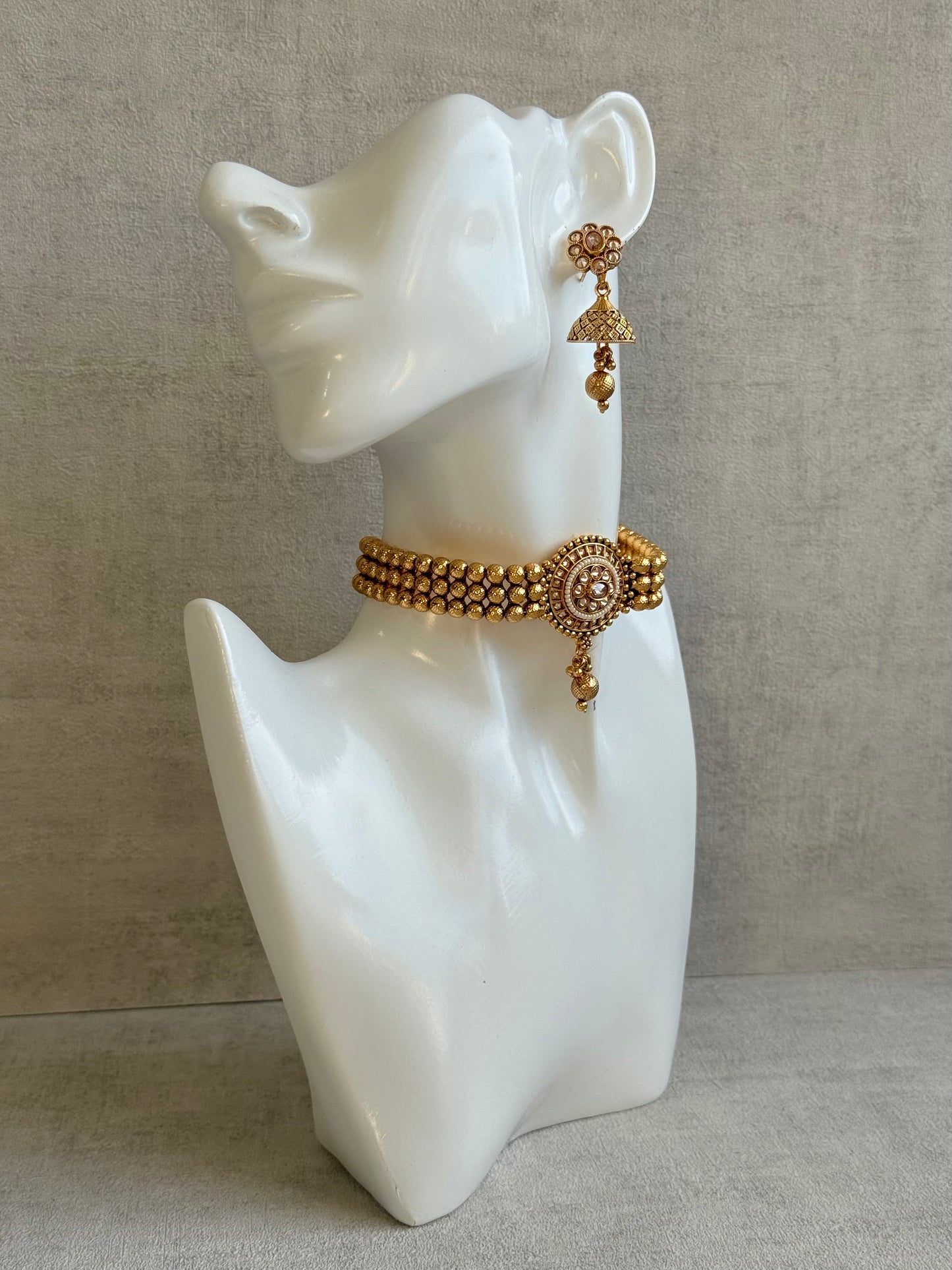 Ayura Designs Kavish Choker Set – Antique Gold Choker with Jhumkis in Champagne Stones & Pearl Detailing