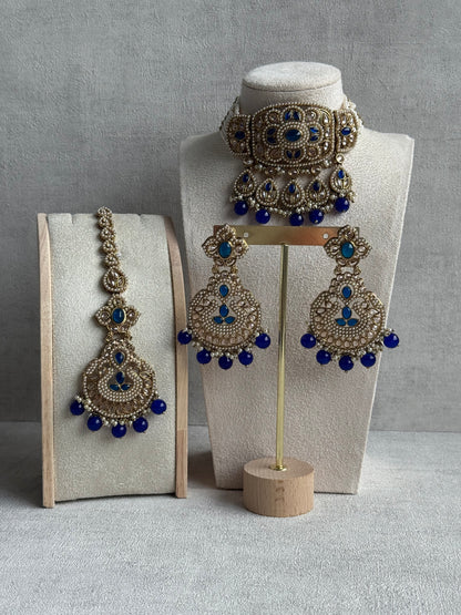 Ayura Designs Zarlish Set – Choker, Earrings & Tikka with Mirror-Cut Stones, Ink Blue Beads & Gold Finish