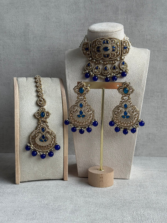 Ayura Designs Zarlish Set – Choker, Earrings & Tikka with Mirror-Cut Stones, Ink Blue Beads & Gold Finish