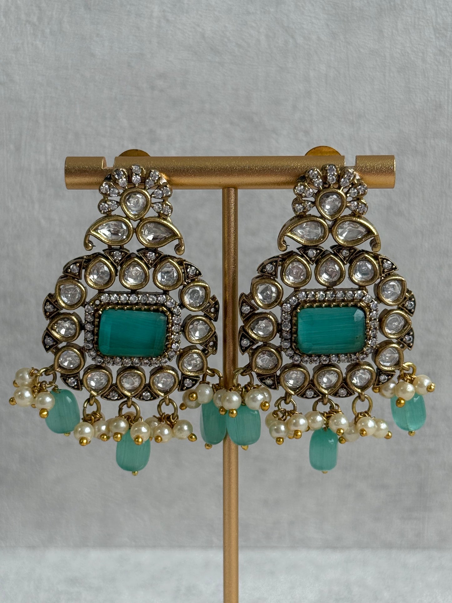 Ayura Designs Eva Choker Set with Earrings – Mirror-Cut Kundan, Pearl Strands & Mint-Green Stones in Antique Gold Finish