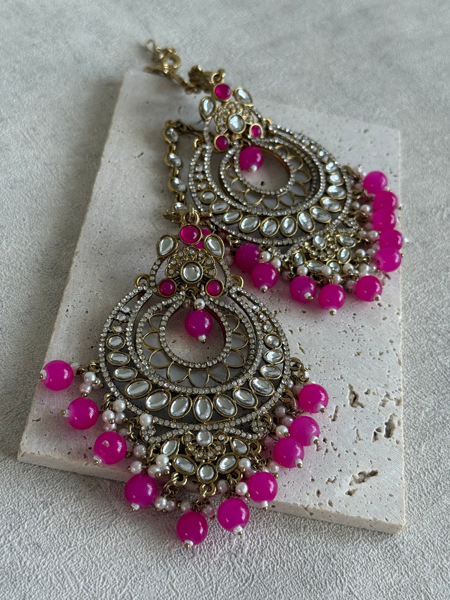 Ayura Designs Rabia Chandbalis – Antique Gold Kundan Earrings with Fuchsia Beads, Pearls & Attached Sahare