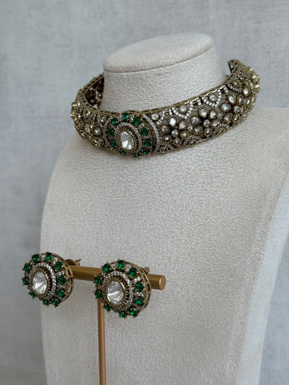 Ayura Designs Genevieve Choker Set with Studs – Emerald Green Crystal Kundan in Antique Gold