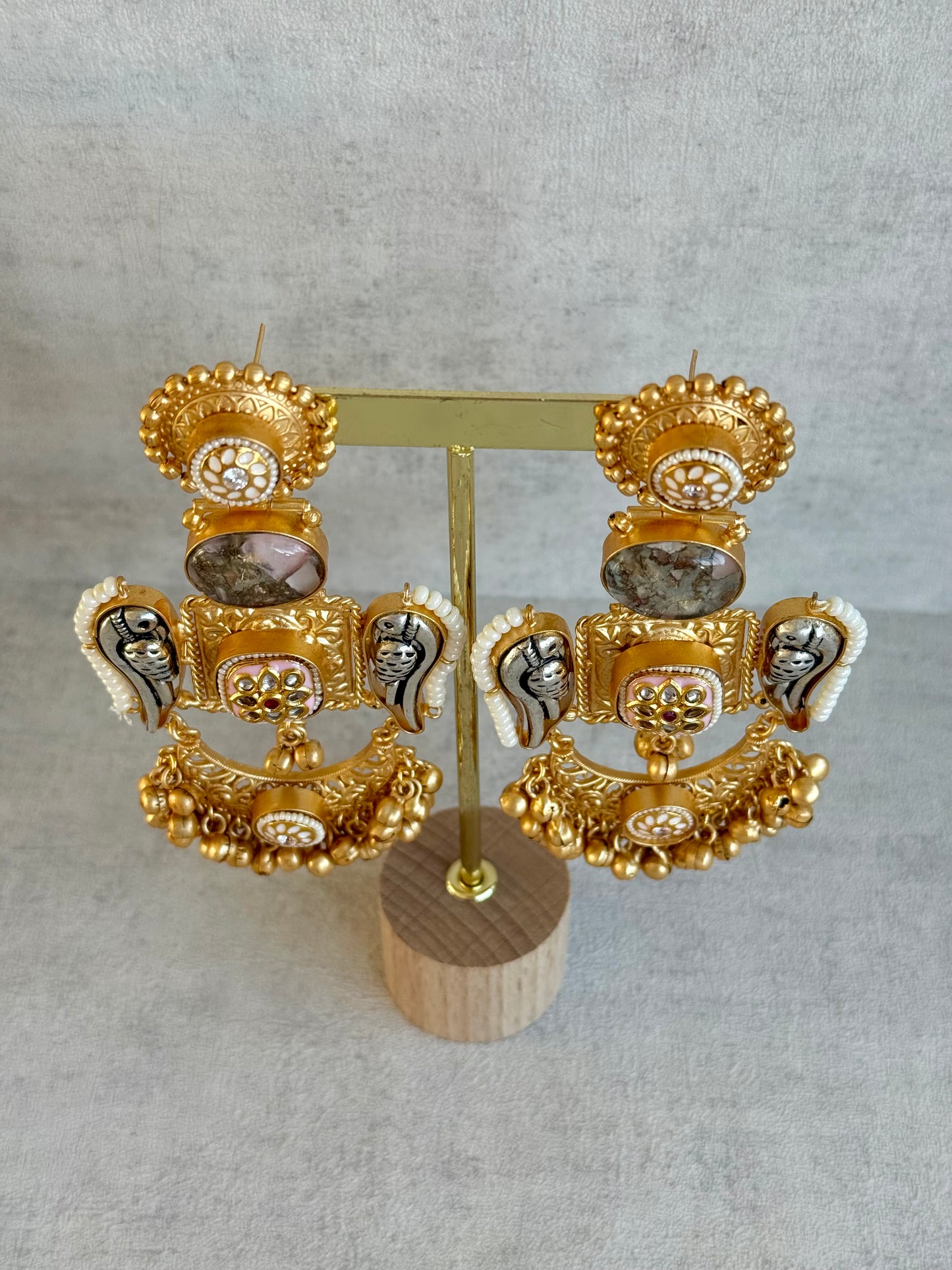 Ayura Designs Soha Earrings – Antique Gold with Smoky Grey Stone & Oxidised Parrots