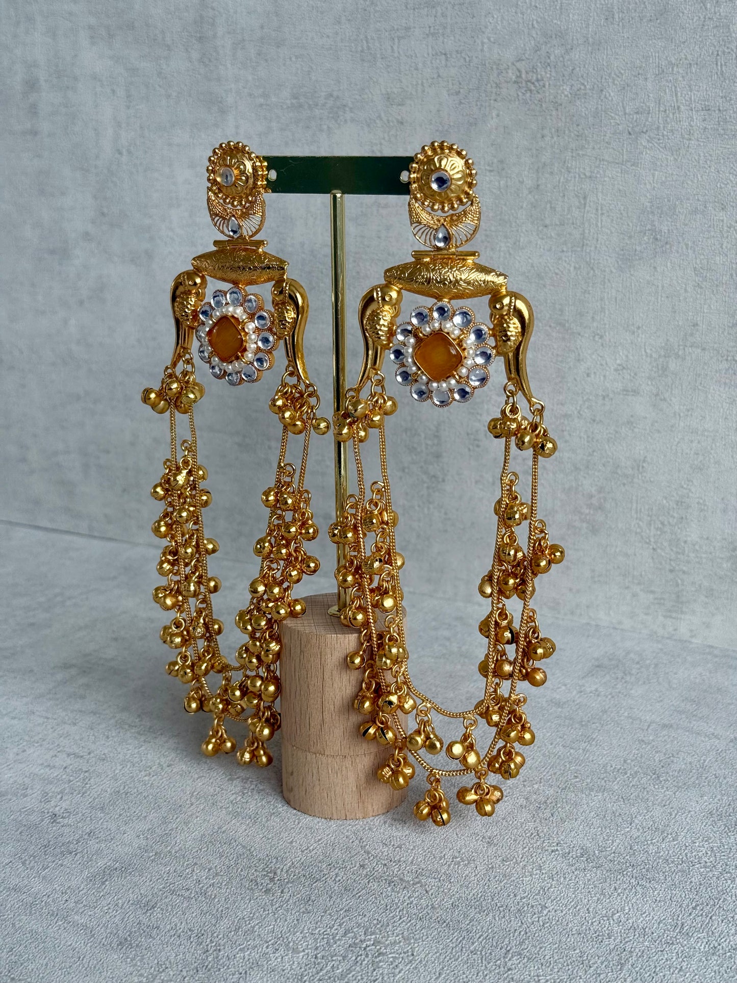 Ayura Designs Meelan Earrings – Antique Gold Earrings with Bird Motifs, Amber Stone & Ghungroo Detailing