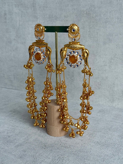 Ayura Designs Meelan Earrings – Antique Gold Earrings with Bird Motifs, Amber Stone & Ghungroo Detailing