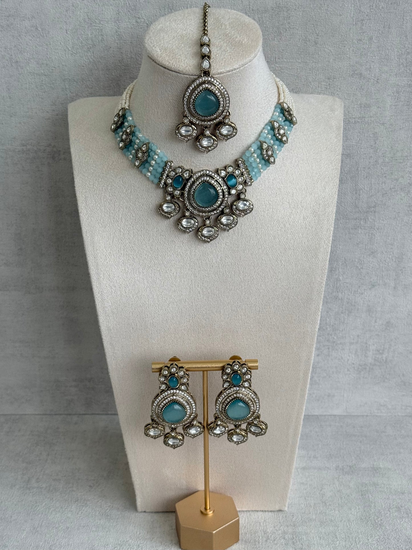 Ayura Designs Rahi Necklace Set with Earrings & Tikka – Aqua Blue Stones with Mirror-Cut Detailing & Pearl Strands
