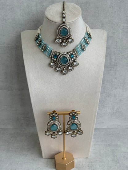 Ayura Designs Rahi Necklace Set with Earrings & Tikka – Aqua Blue Stones with Mirror-Cut Detailing & Pearl Strands