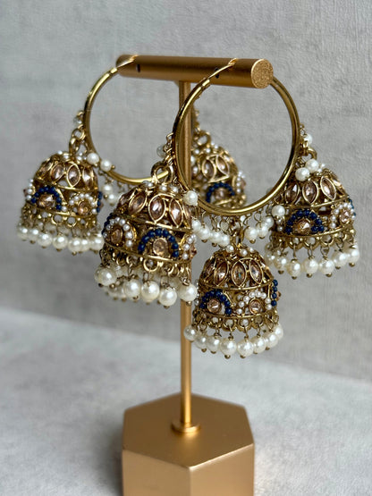 Ayura Designs Nakhra Balis – Aqua Blue Triple Dome Earrings with Mirror-Cut Stones & Pearl Detailing