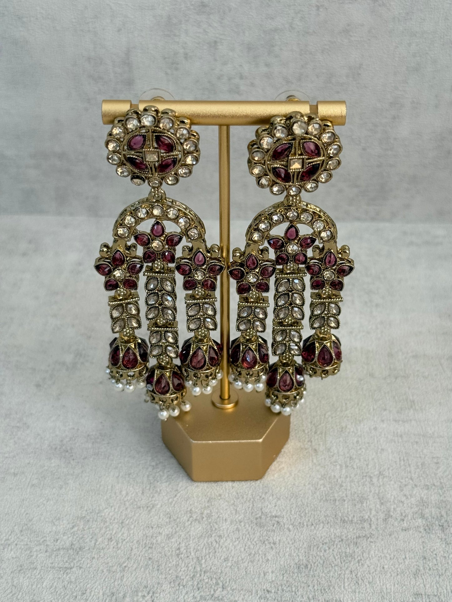Ayura Designs Soraya Earrings – Deep Berry Stones, Champagne Crystals, Pearl Detailing & Gold Finish