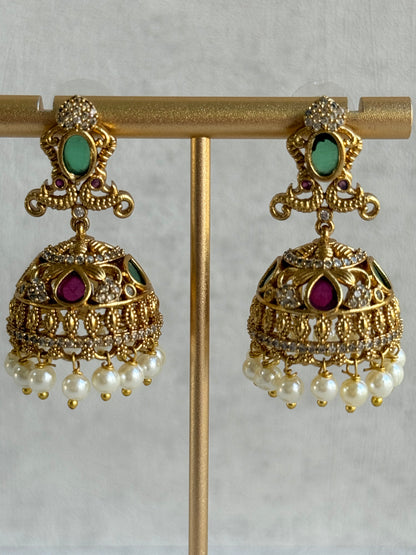 Ayura Designs Ehla Jhumkis – Gold Peacock Design with Green & Ruby Pink Stones, Crystals & Pearl Drops