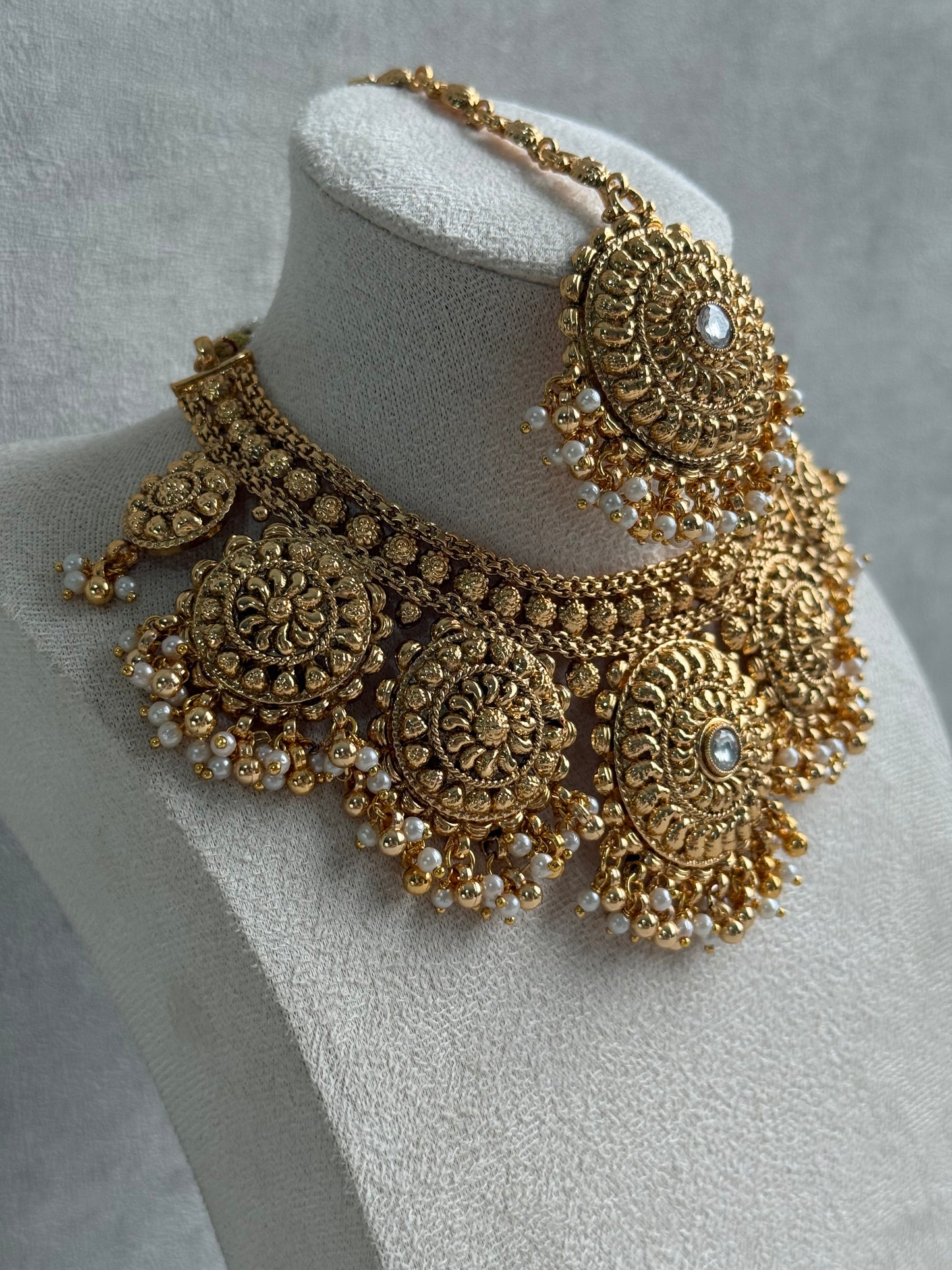 Ayura Designs Rummy Set – Statement Necklace, Earrings & Tikka with Ivory Pearls and Polished Gold Finish