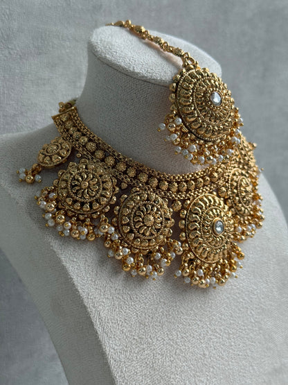 Ayura Designs Rummy Set – Statement Necklace, Earrings & Tikka with Ivory Pearls and Polished Gold Finish