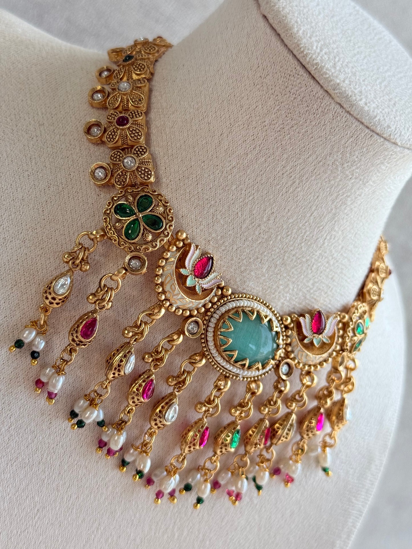 Ayura Designs Aavya Necklace Set – Aqua Green & Rani Pink Kundan Meenakari Design